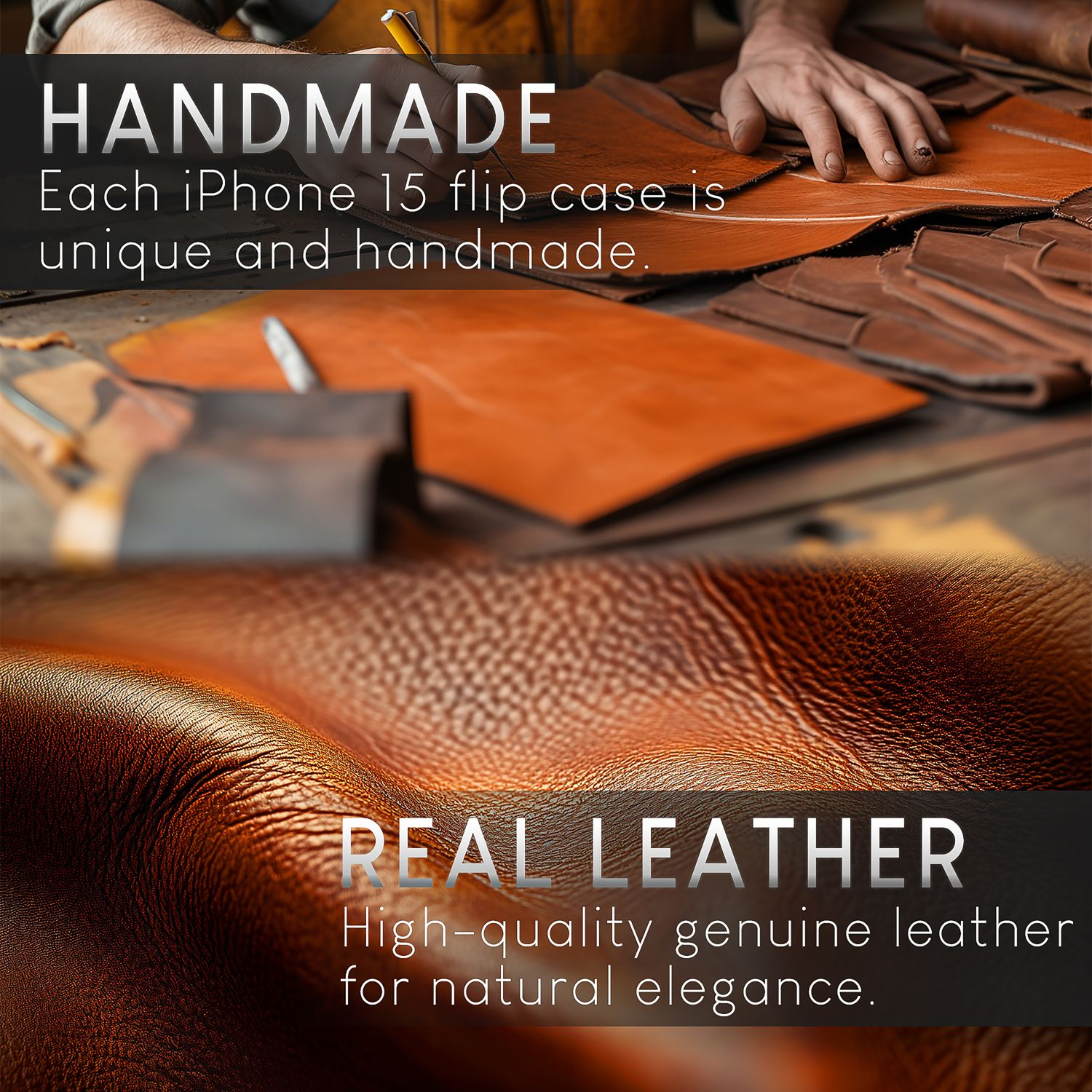 Ledermaterial mit Textüberlagerung. Der Text lautet 'Handmade' und 'Real Leather'. Dunkler Hintergrund.