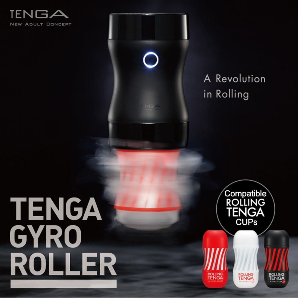 Schwarz-Weiß-Tenga Gyro Roller mit rotem Licht und drei Rolling Tenga-Bechern.