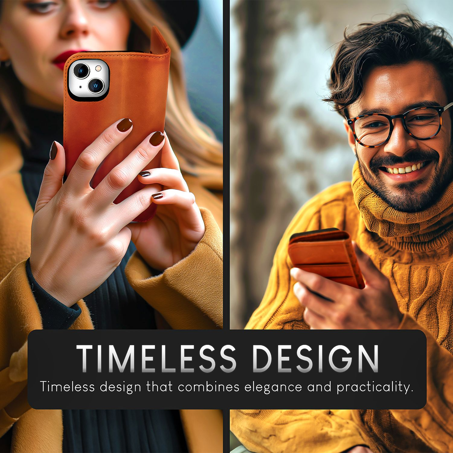Eine Frau und ein Mann halten Telefone, ein Textfeld mit 'Timeless Design' vor verschwommenem Hintergrund.
