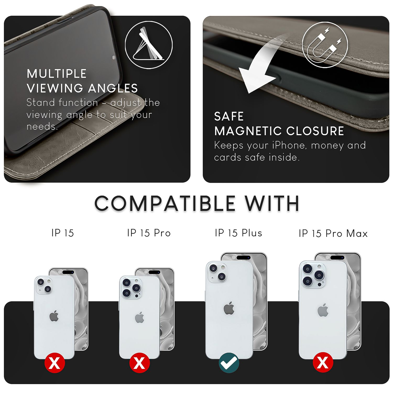 Diagramm, das eine Handyhülle zeigt. Kompatibel mit iPhone 15 Plus. Schwarz und grau.