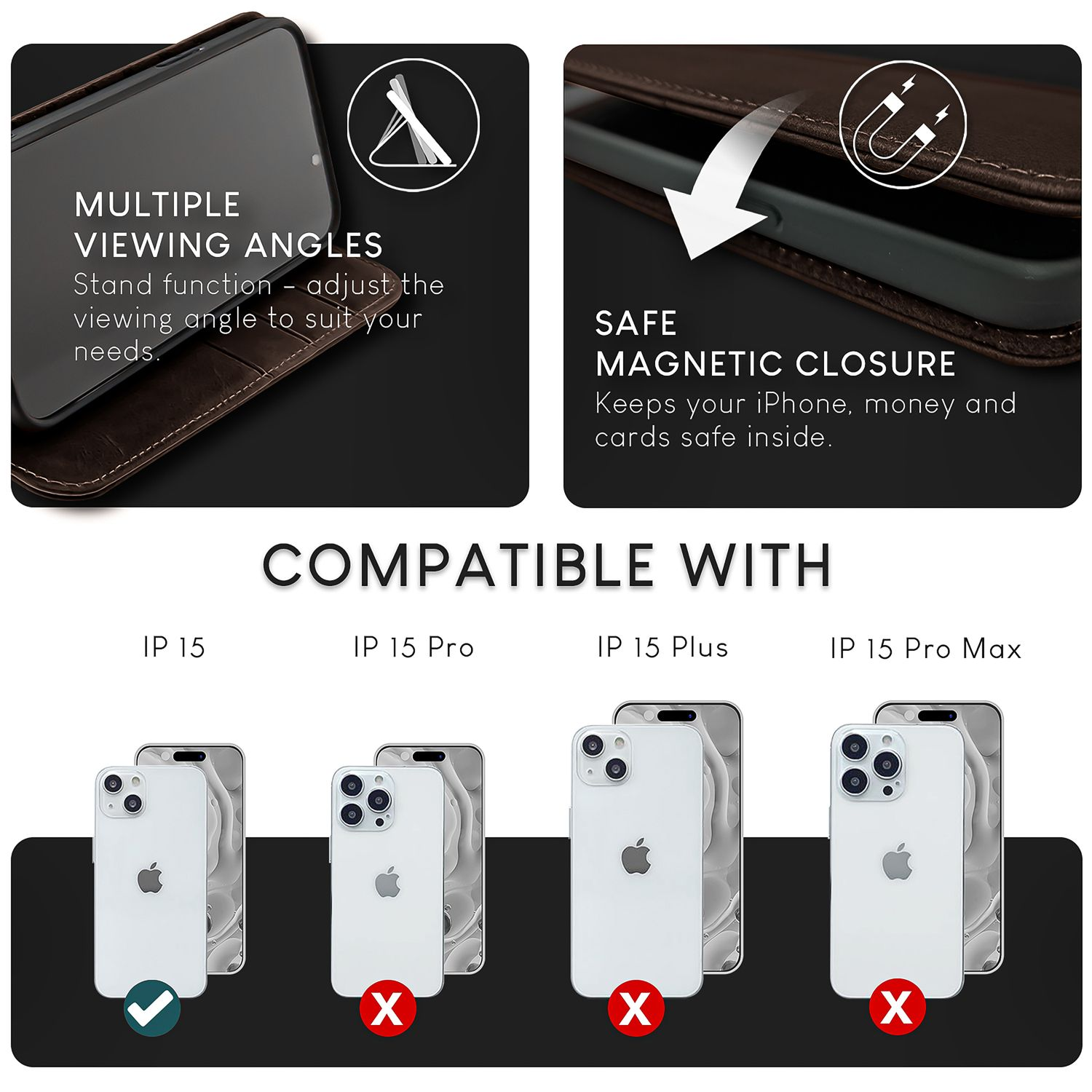 Das Bild zeigt eine Handyhülle mit mehreren Betrachtungswinkeln und einem sicheren Magnetverschluss, kompatibel mit verschiedenen iPhone-Modellen.
