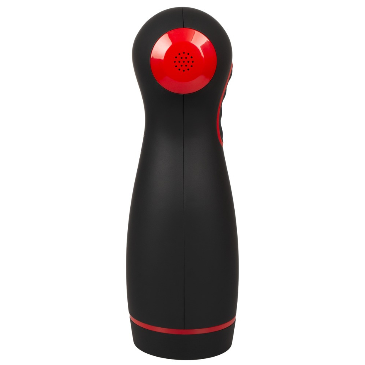 Schwarzes Massagegerät mit roten Akzenten, mit Lautsprecher oben und geschwungenem Design.