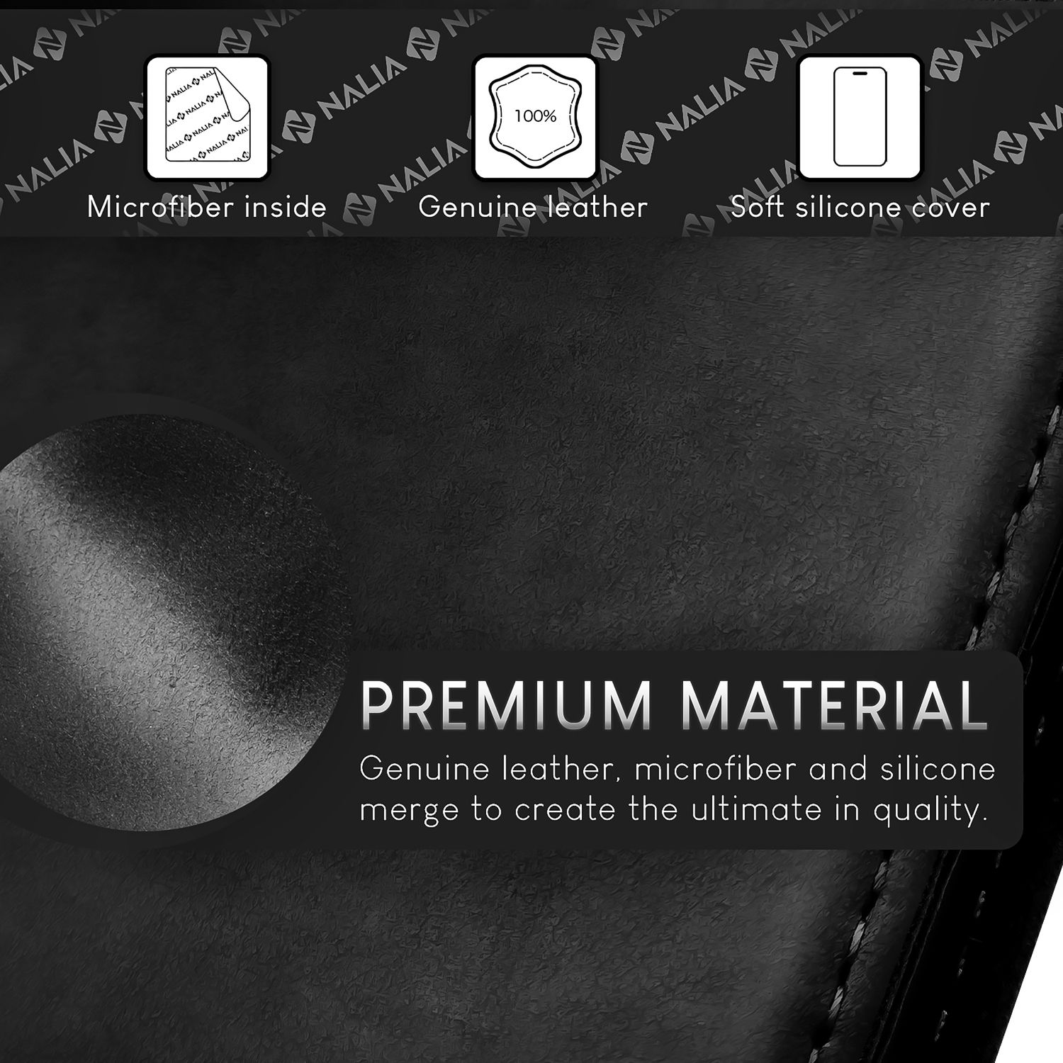 Nahaufnahme des schwarzen Handyhüllenmaterials. Es umfasst Mikrofaser innen, echtes Leder und eine Silikonhülle.