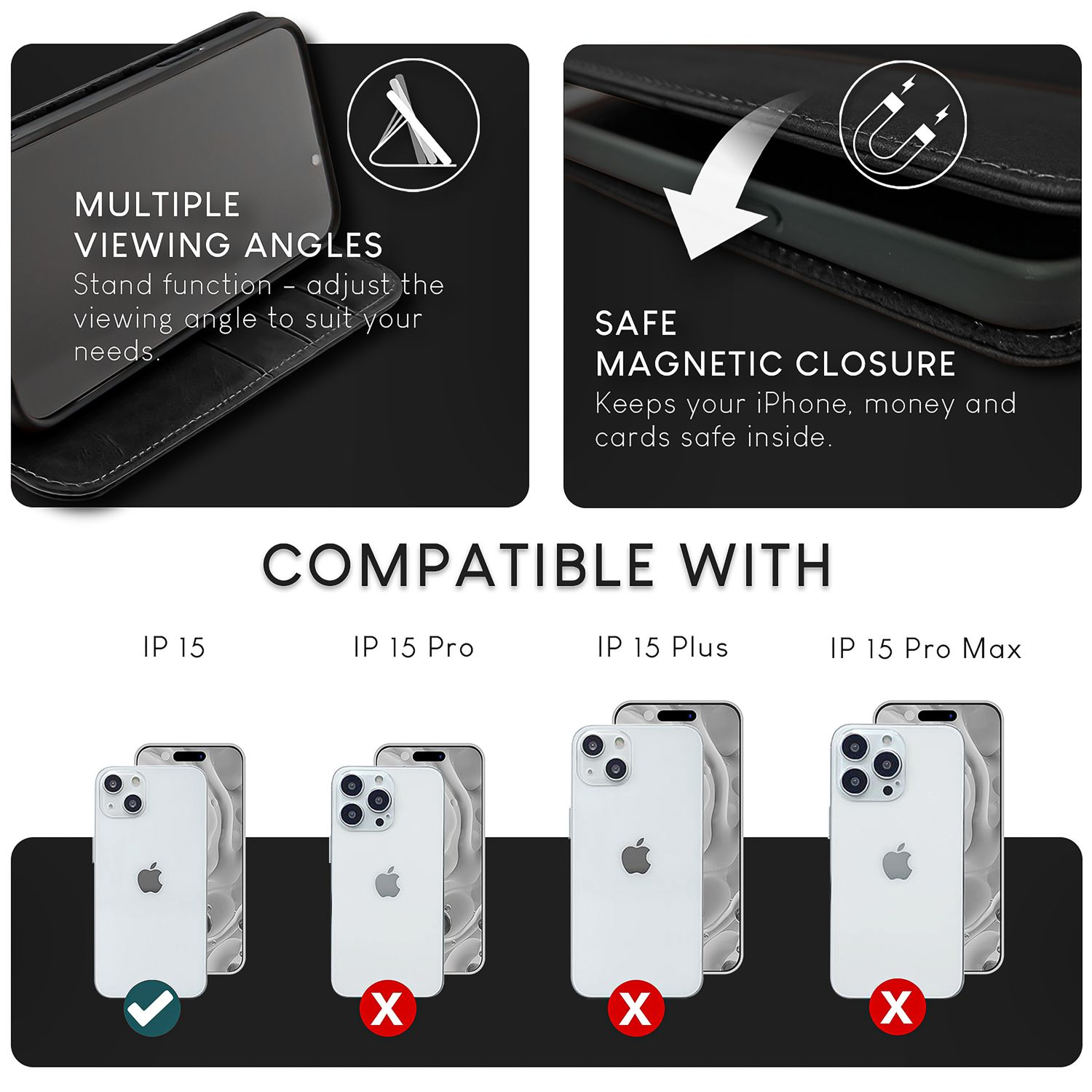 Schwarze Handyhülle mit mehreren Betrachtungswinkeln und Magnetverschluss, kompatibel mit mehreren iPhone-Modellen.