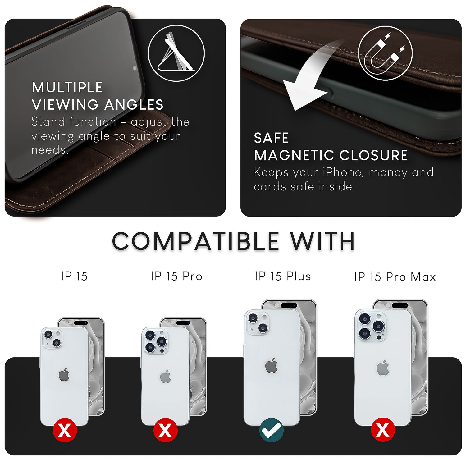 Diagramm zeigt Handyhüllen, kompatibel mit iPhone 15 Serie. Hebt Betrachtungswinkel und Magnetverschluss hervor.