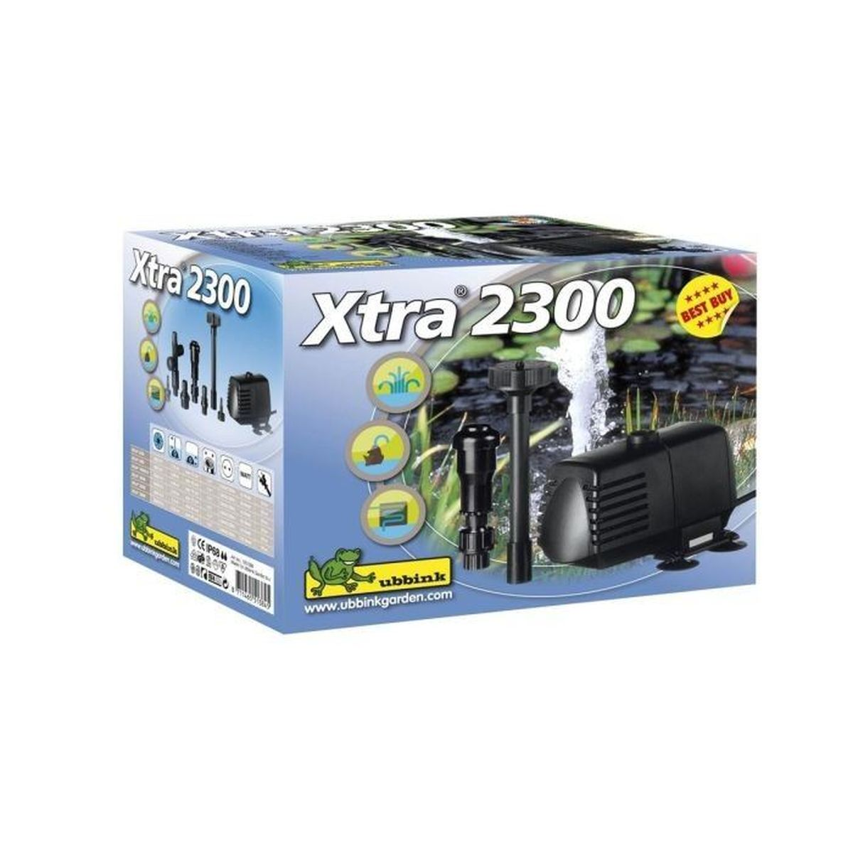 Karton mit einer Teichpumpe und Zubehör. Die Box zeigt Bilder des Produkts und seiner Verwendung.