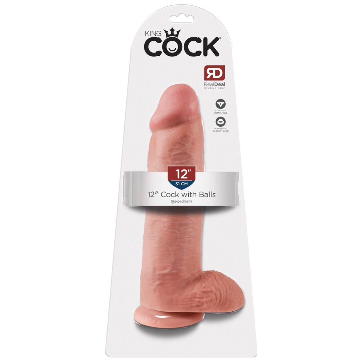Ein pinkfarbener Dildo in der Verpackung. Er ist mit 'King Cock' und '12" Cock with Balls' beschriftet. Die Verpackung ist weiß.