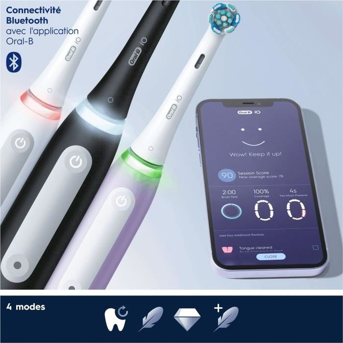 Drei elektrische Zahnbürsten von Oral-B und ein Smartphone mit Putzdaten. Zahnbürsten sind weiß, schwarz und lila.