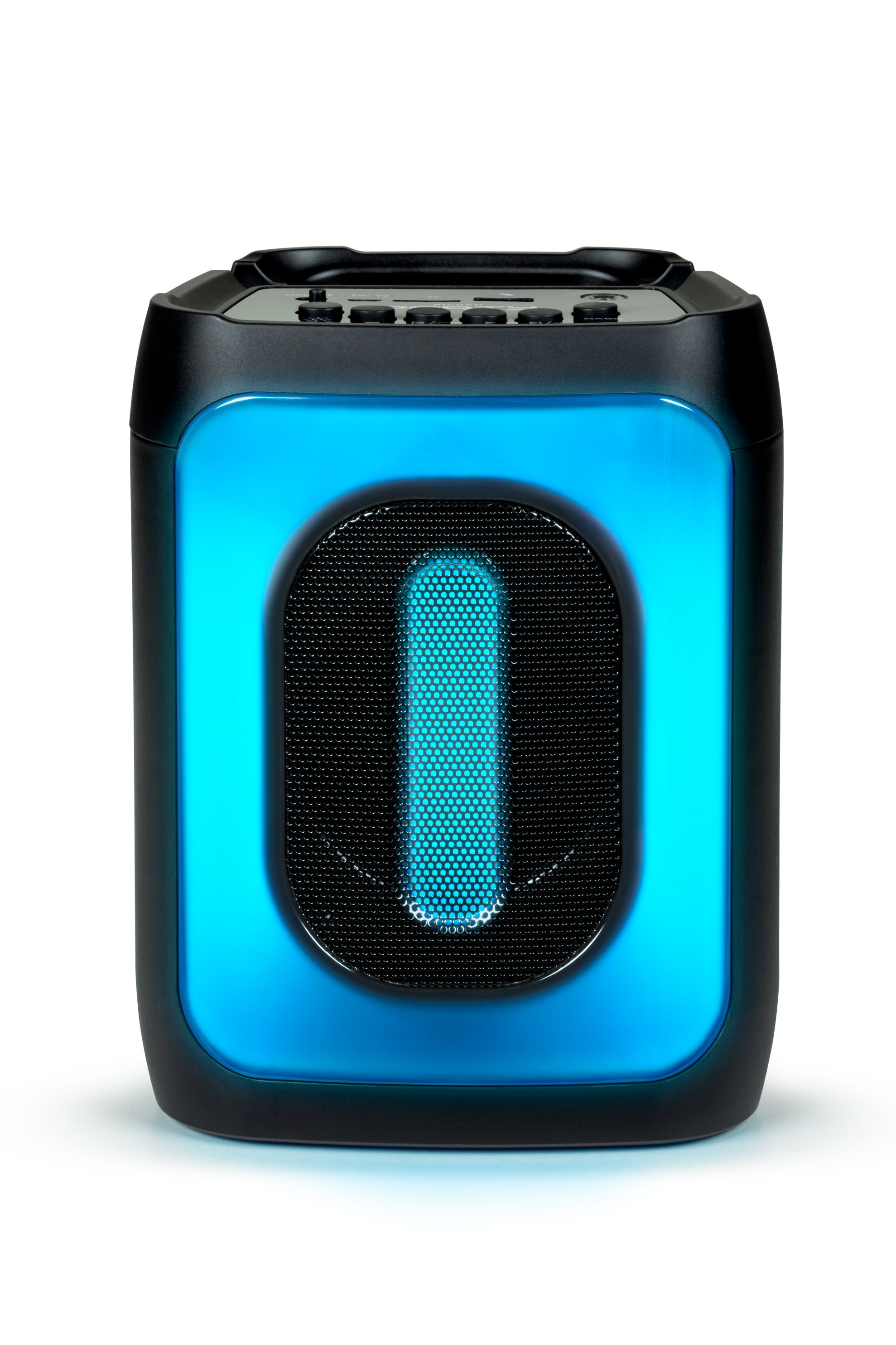 Czarny i niebieski głośnik. Ma niebieskie światło i czarną kratkę pośrodku.