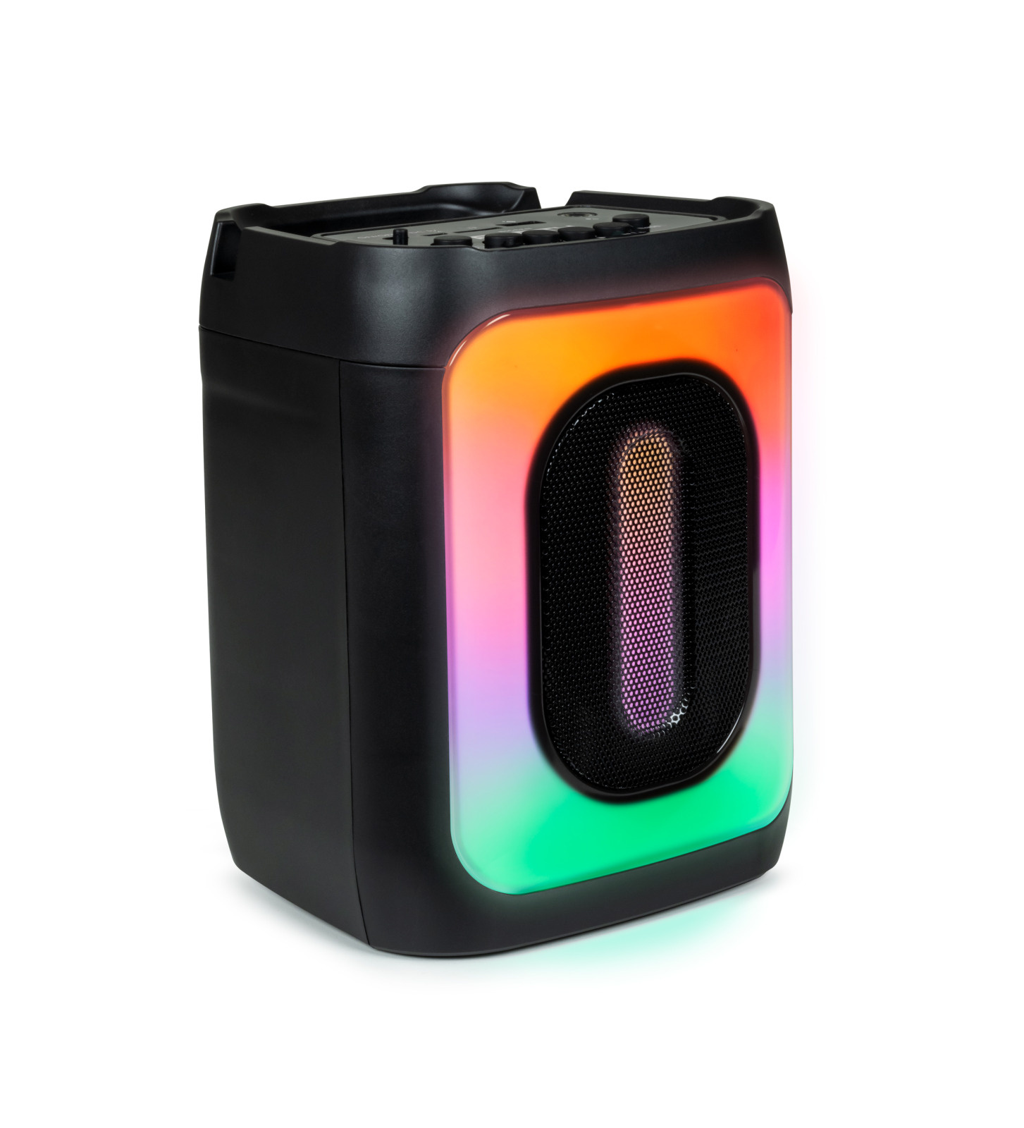 Czarny głośnik z kolorowymi światłami. Ma siatkową kratkę. Światła zmieniają się między różowym, pomarańczowym i zielonym.