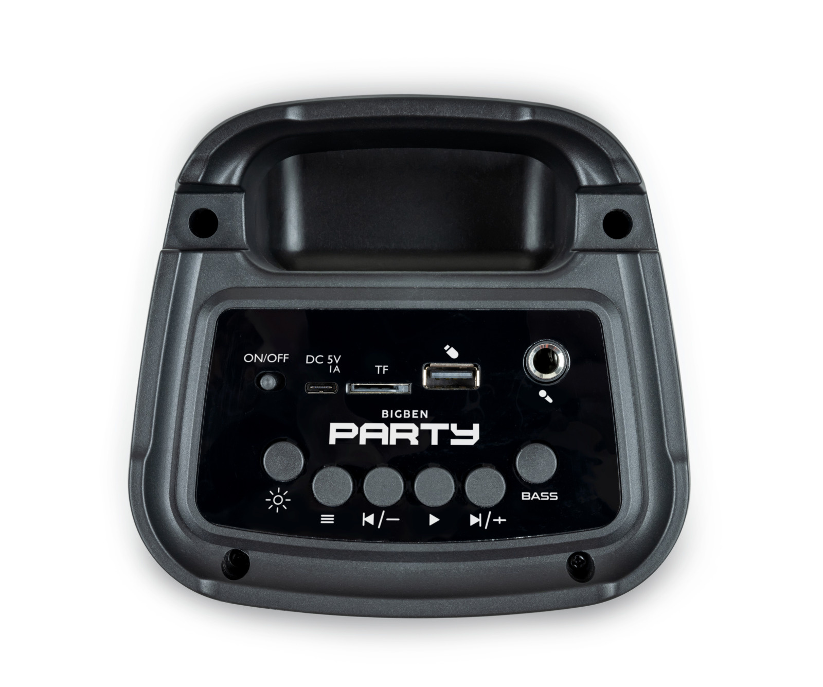 Czarny głośnik. Panel sterowania na górze. Przyciski i porty są widoczne.