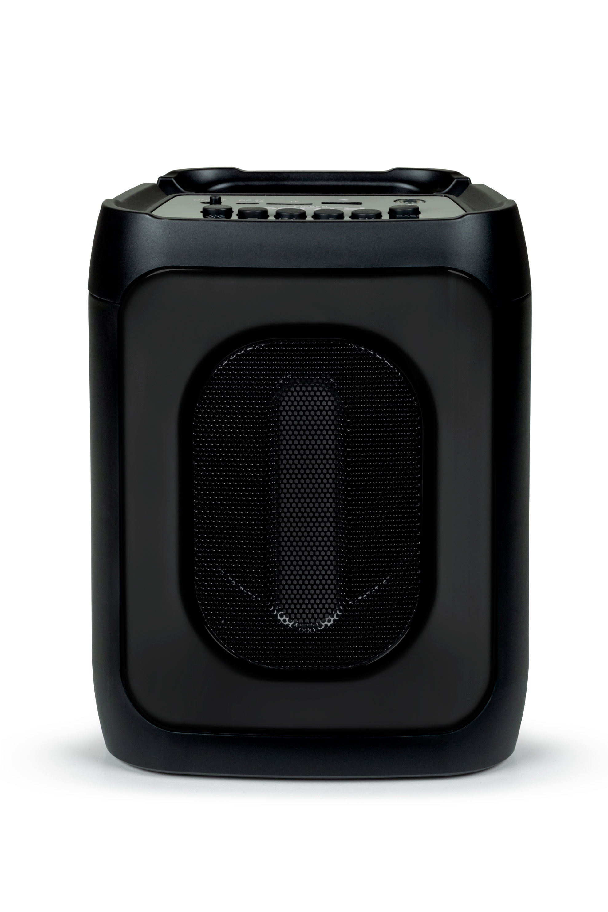 Czarny prostokątny głośnik z siatkowym przodem. Solidny, nowoczesny design, do odtwarzania audio.