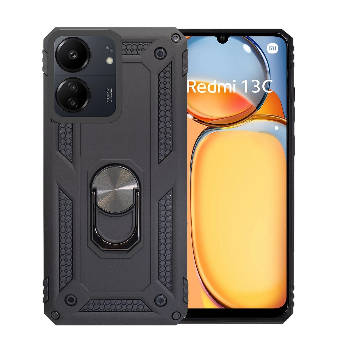 Custodia nera per telefono con design robusto, area fotocamera e schermo con ora.