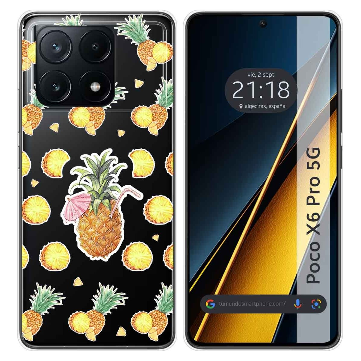Smartphone con funda de diseño de piña. Fondo negro. La hora y la fecha se muestran en la pantalla. Fondo blanco.