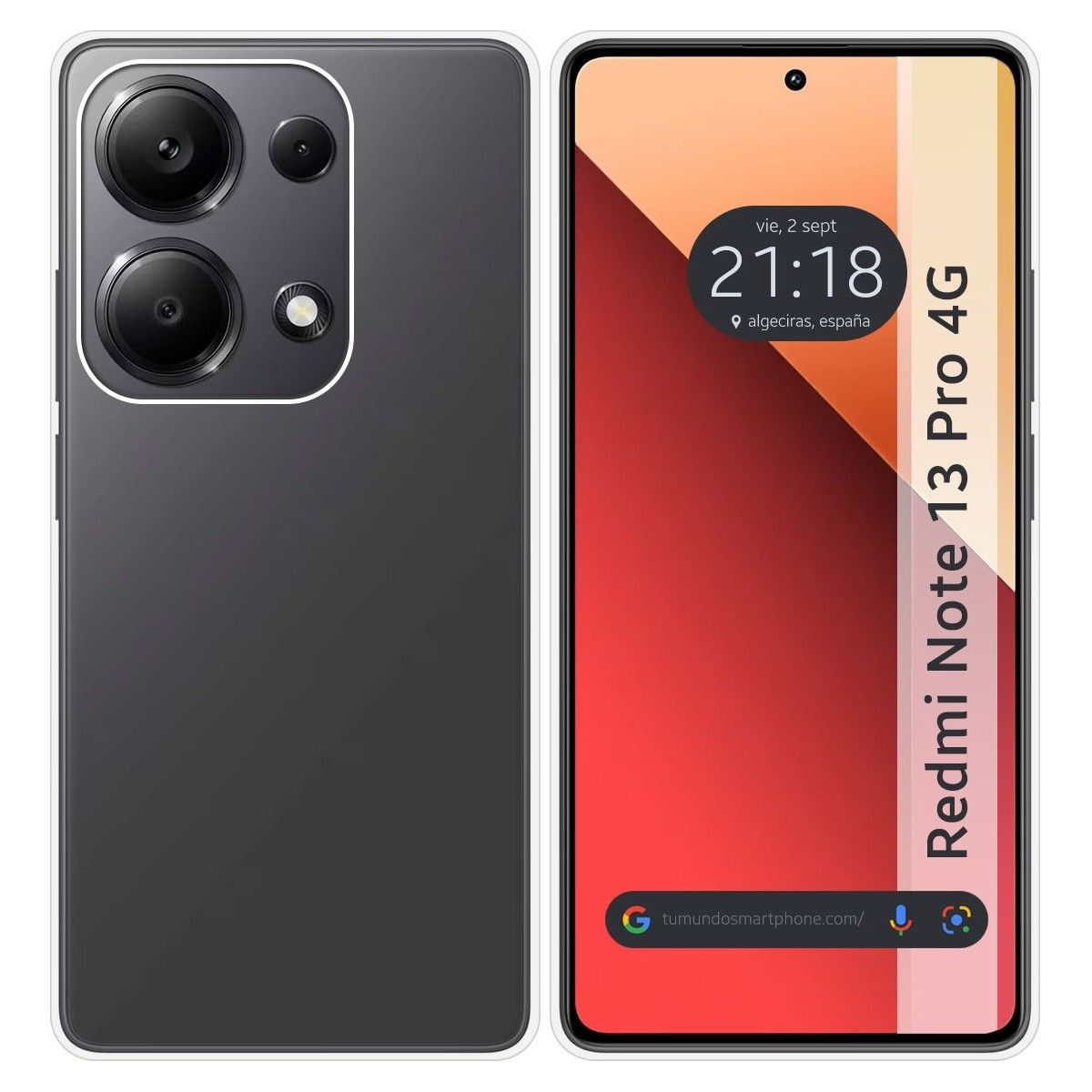 Telefono con custodia, lo schermo mostra ora e data. Il telefono è nero. Il telefono ha 3 fotocamere.