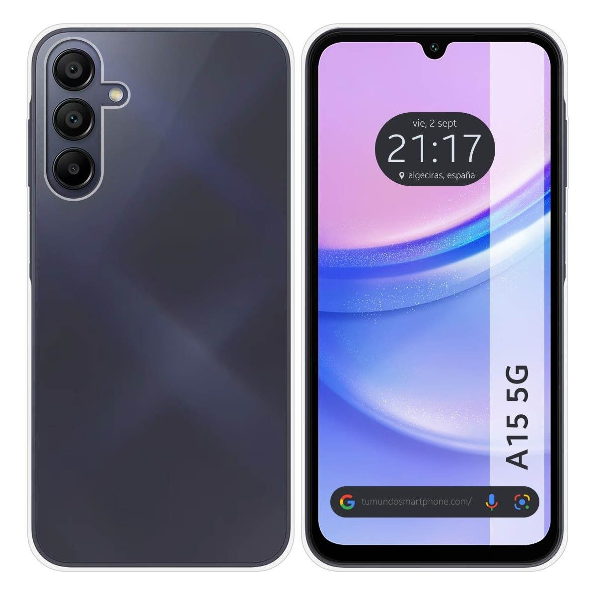 Telefono con custodia trasparente, schermo con data e ora e testo A15 5G.