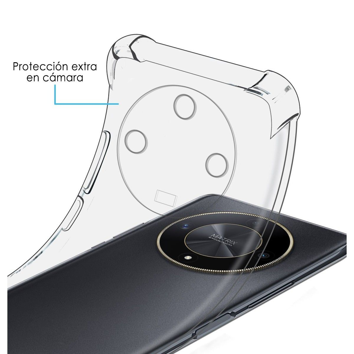 Un telefono con custodia protettiva, una cover trasparente con retro scuro. La custodia ha protezione fotocamera.