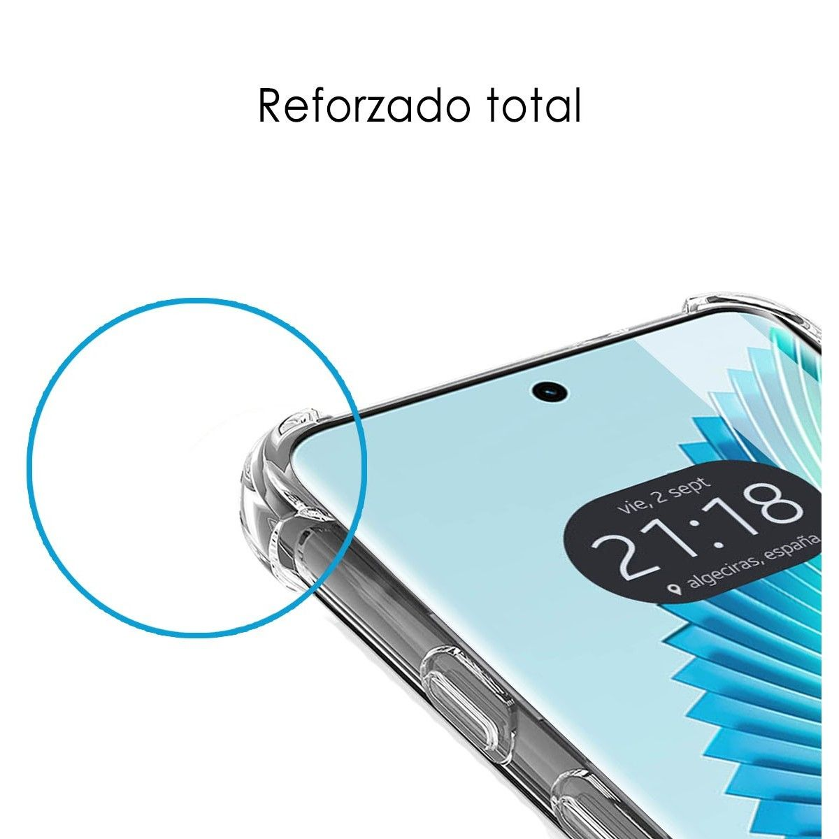 Custodia trasparente con telefono. Lo schermo mostra ora e data. Testo "Reforzado total" in alto.