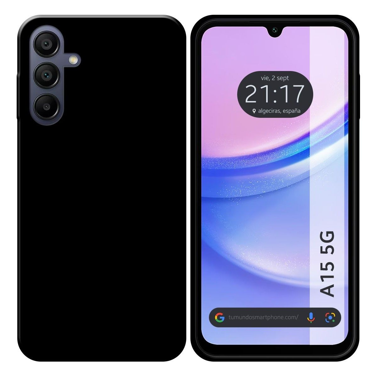 Custodia per telefono nera e telefono con visualizzazione dell'ora.