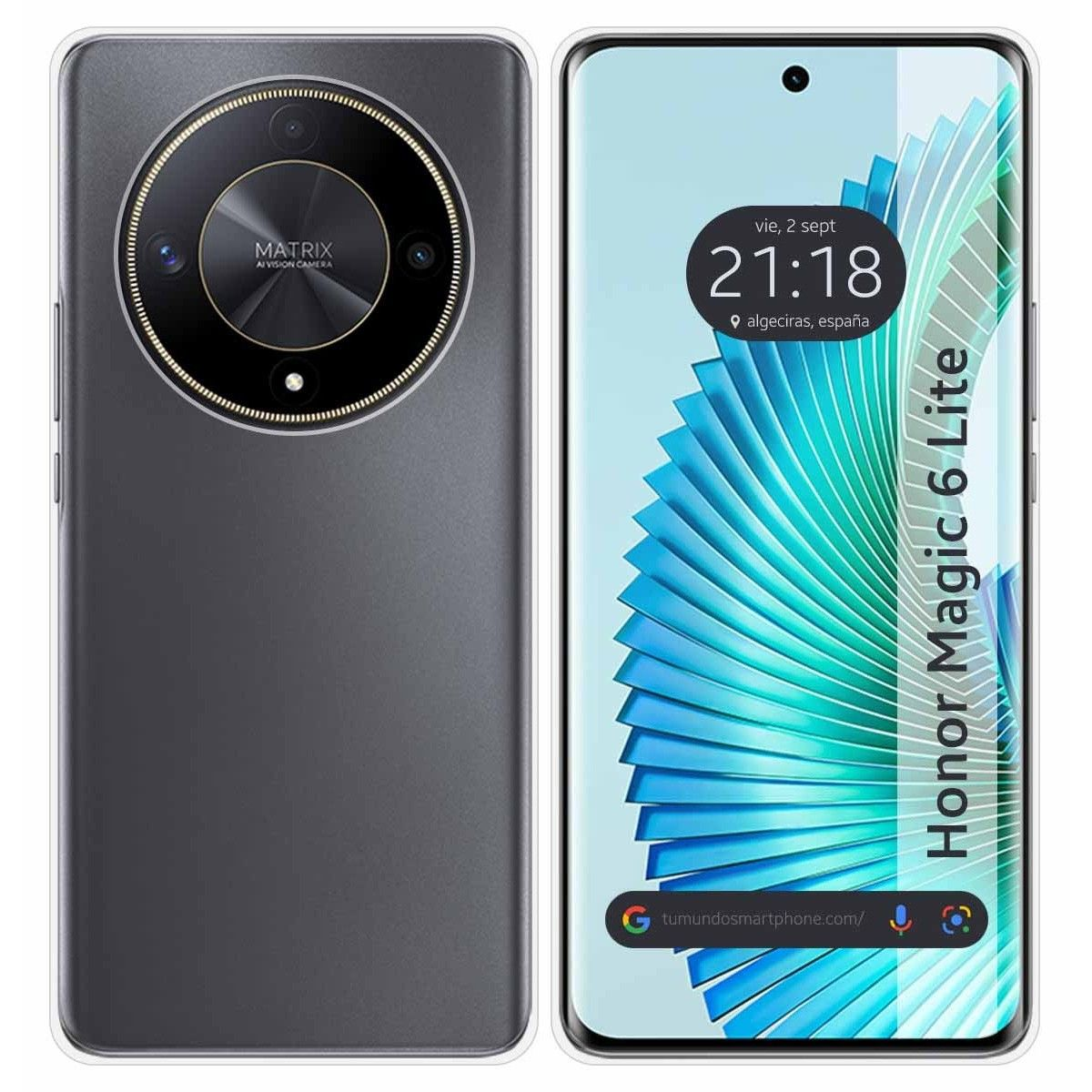 Custodia per smartphone con un design a matrice e un telefono che mostra l'ora e la data.