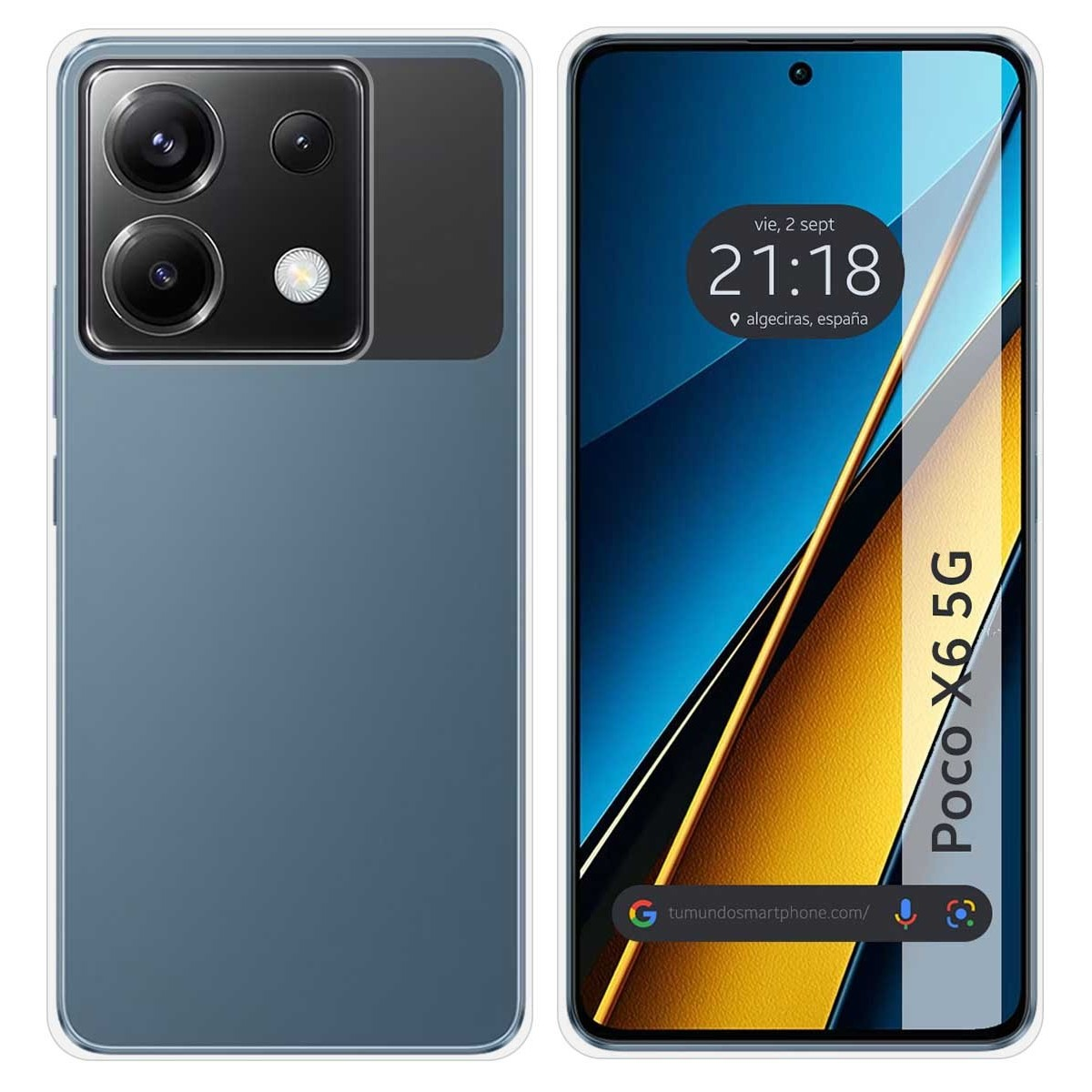 Telefono e custodia: retro telefono blu, custodia blu abbinata, schermo con orologio.