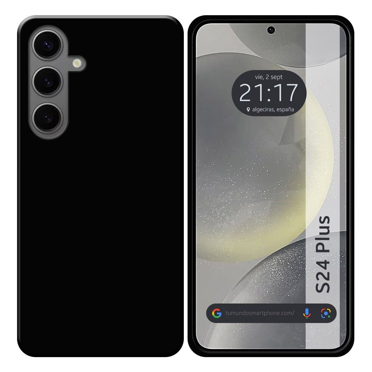 Uno smartphone nero mostra ora e data, con custodia nera.