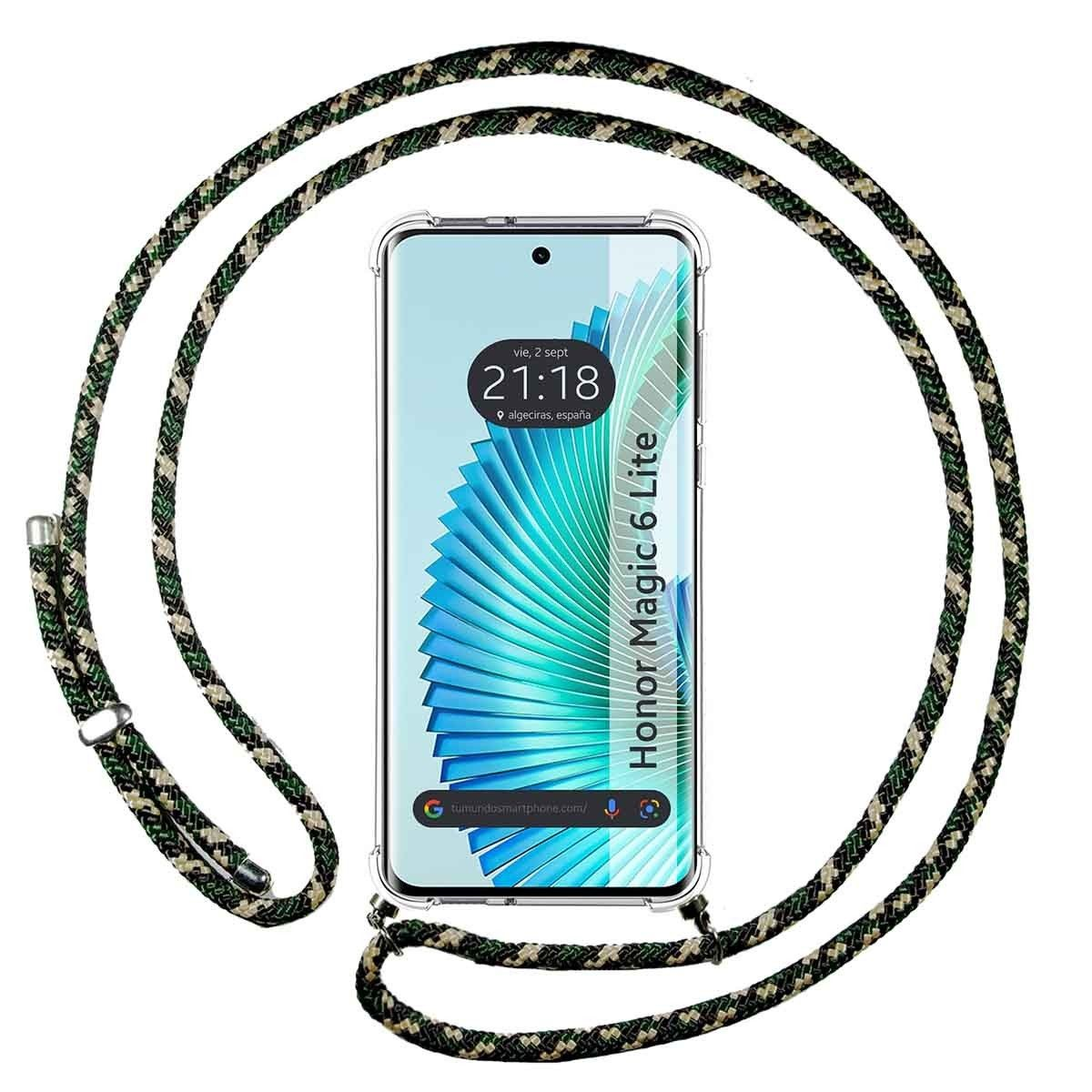 Un telefono trasparente con un cinturino fantasia attorno.