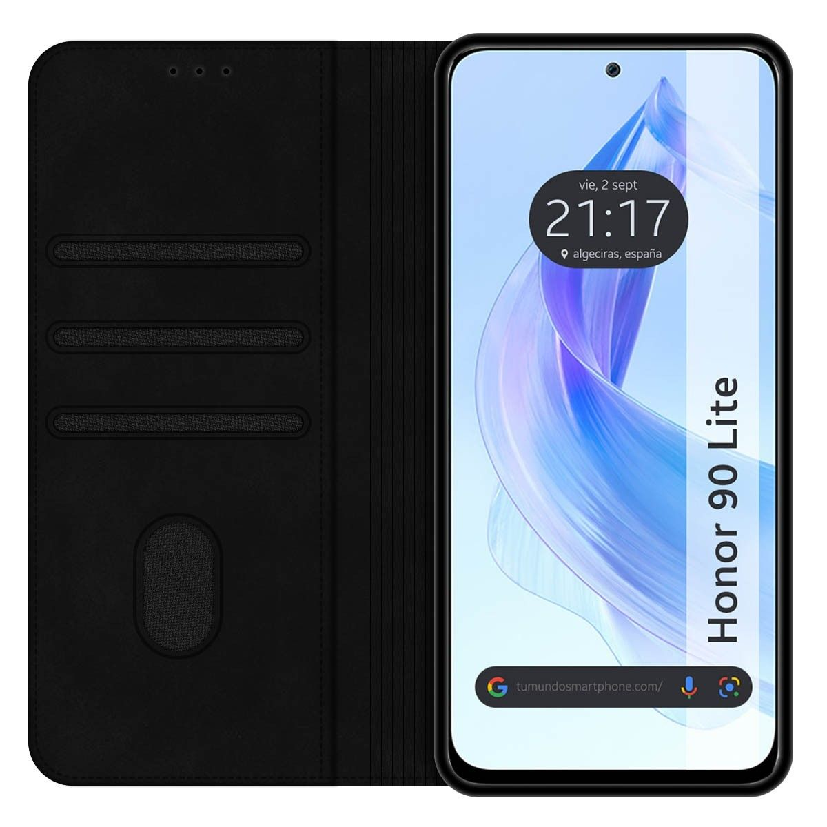 Custodia per telefono nera con design a portafoglio chiuso. Lo schermo mostra ora e data.