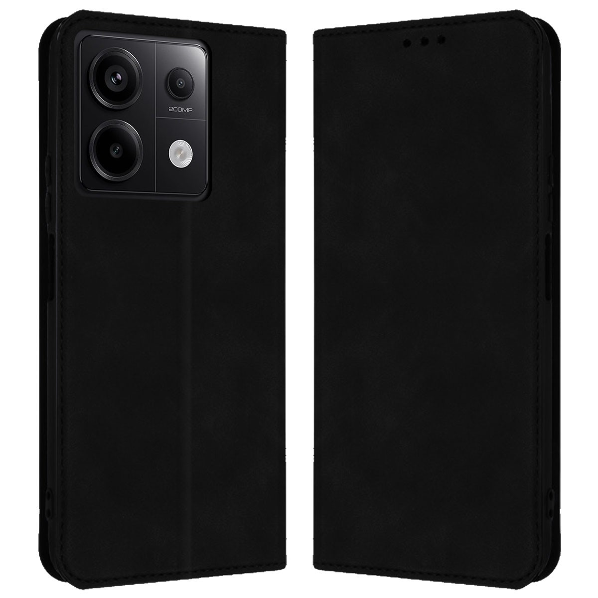 Custodia per telefono nera, chiusa, con due fotocamere e un'etichetta da 200MP. L'altro lato è nero liscio.