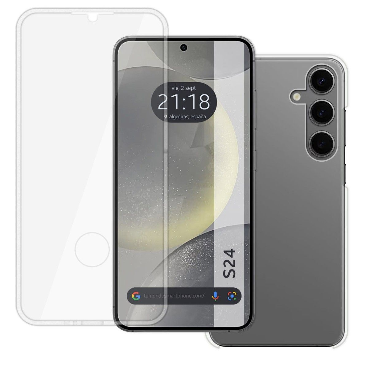 Telefono con protezione schermo. Schermo mostra data, ora e design sfocato.