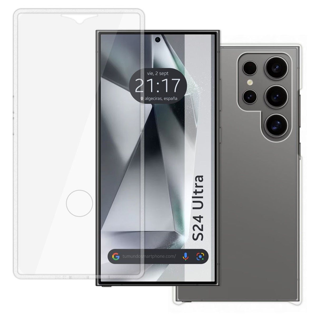 Telefono S24 Ultra con protezione schermo, che mostra ora e data.
