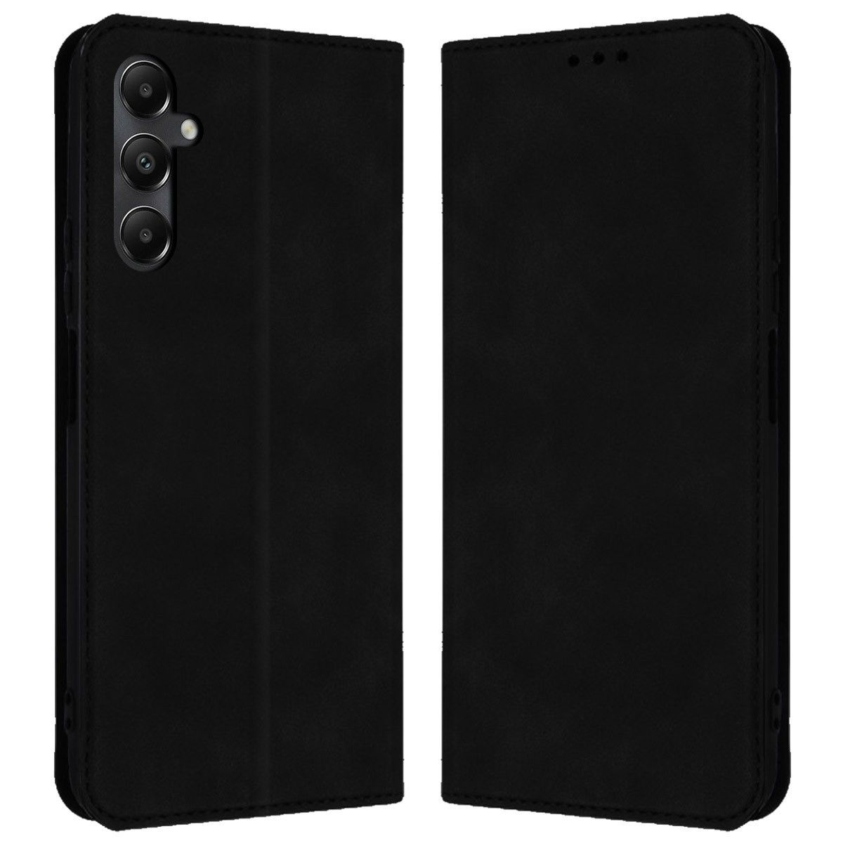 Custodia per telefono nera, chiusa. Mostra il lato con la fotocamera e la cover chiusa.