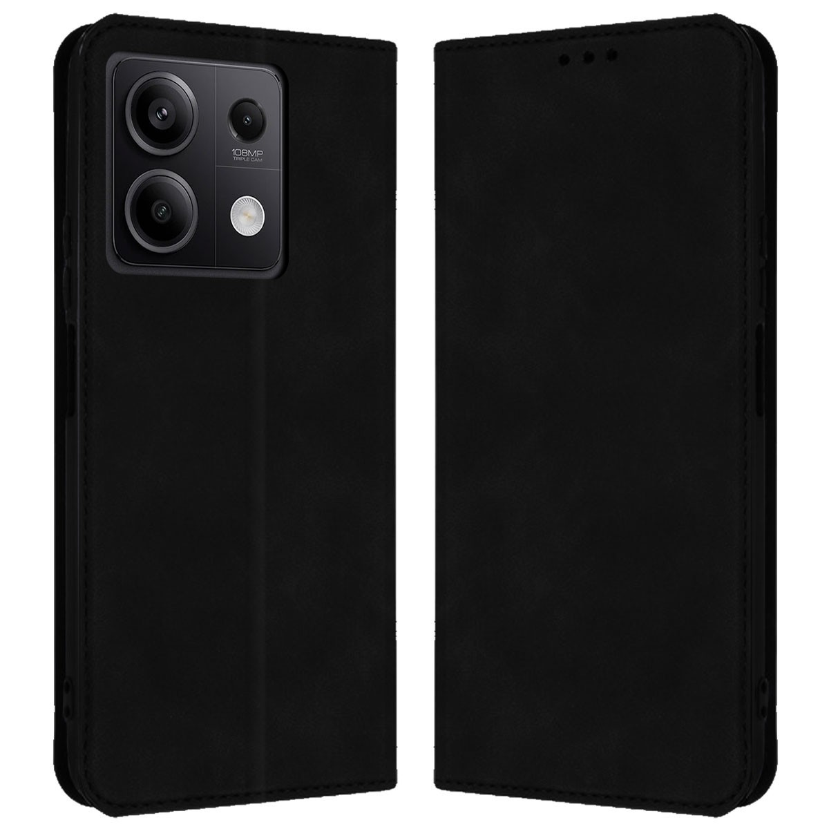 Custodia nera, chiusa, con dettagli della fotocamera visibili. La custodia è a flip.