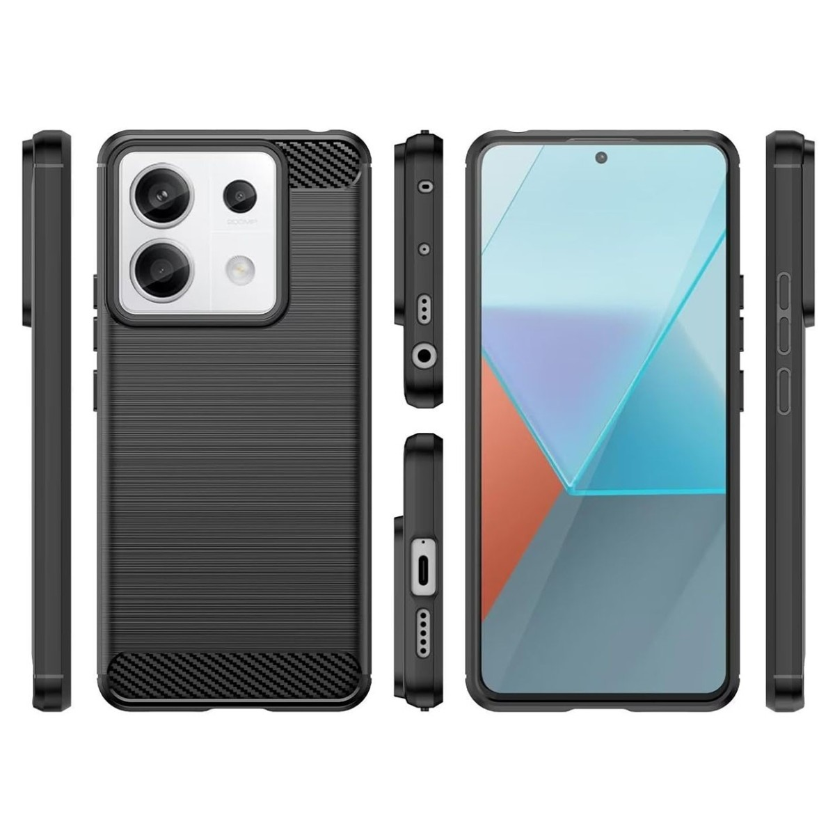 Custodia per telefono nera con ritagli per la fotocamera e viste laterali.
