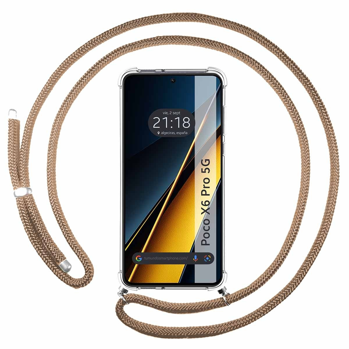 Smartphone con custodia trasparente e cinturino marrone. Lo schermo mostra l'ora e il luogo. Corda marrone circonda il telefono.