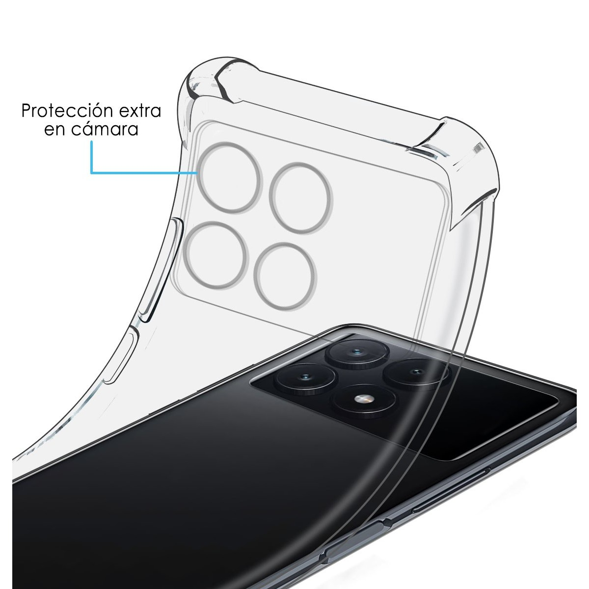 Una custodia trasparente con un telefono all'interno e il testo 'Protección extra en cámara'.