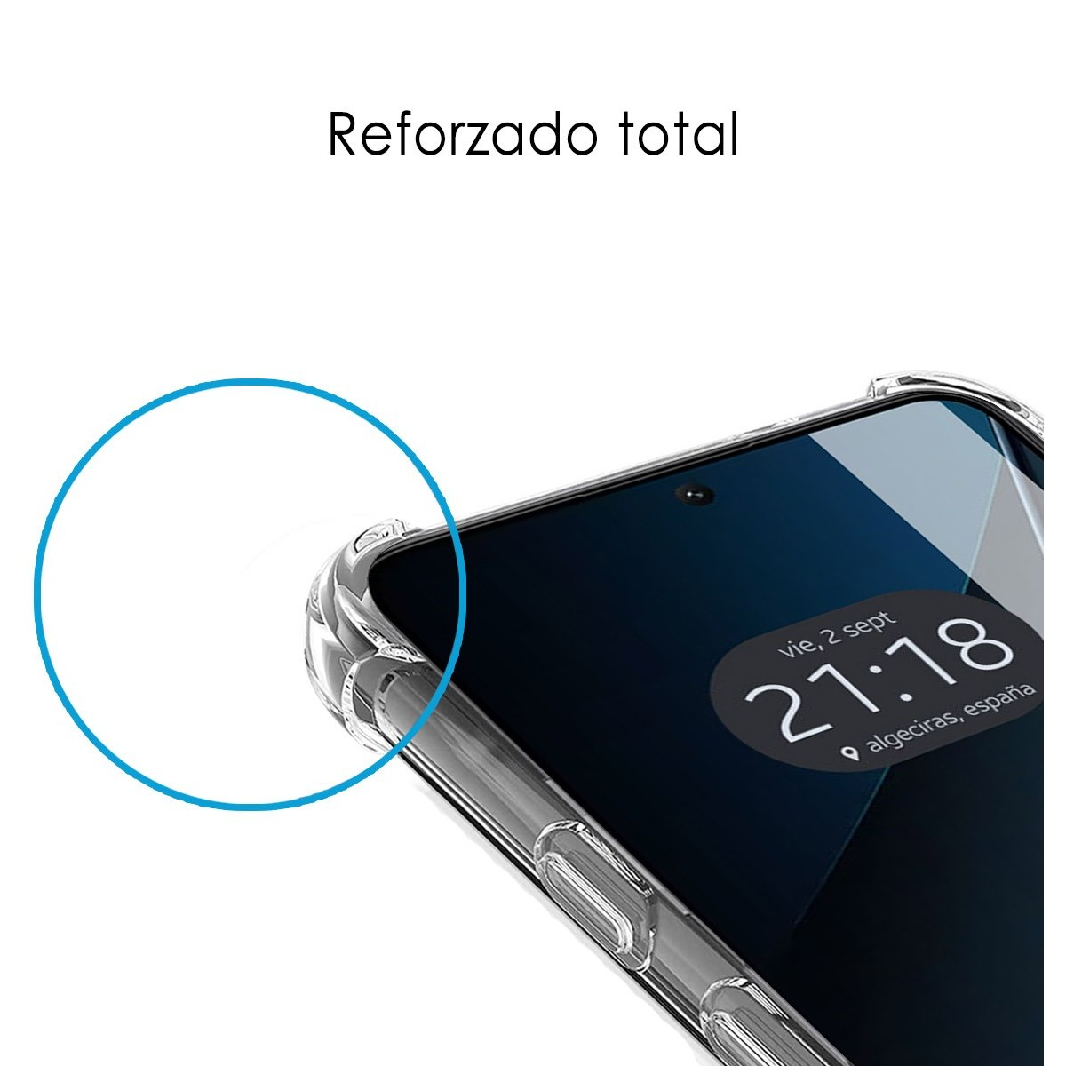 Primo piano dell'angolo di un telefono in una custodia trasparente. Un cerchio blu delinea il bordo.