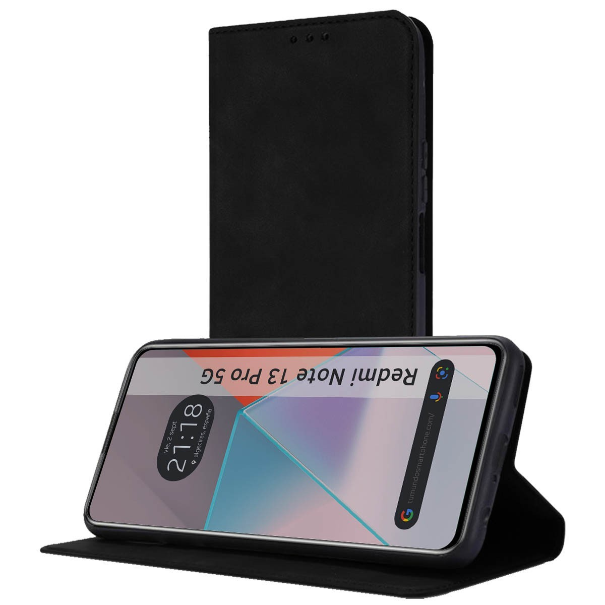 Custodia nera con telefono che mostra ora e data. Il telefono è etichettato Redmi Note 13 Pro 5G.
