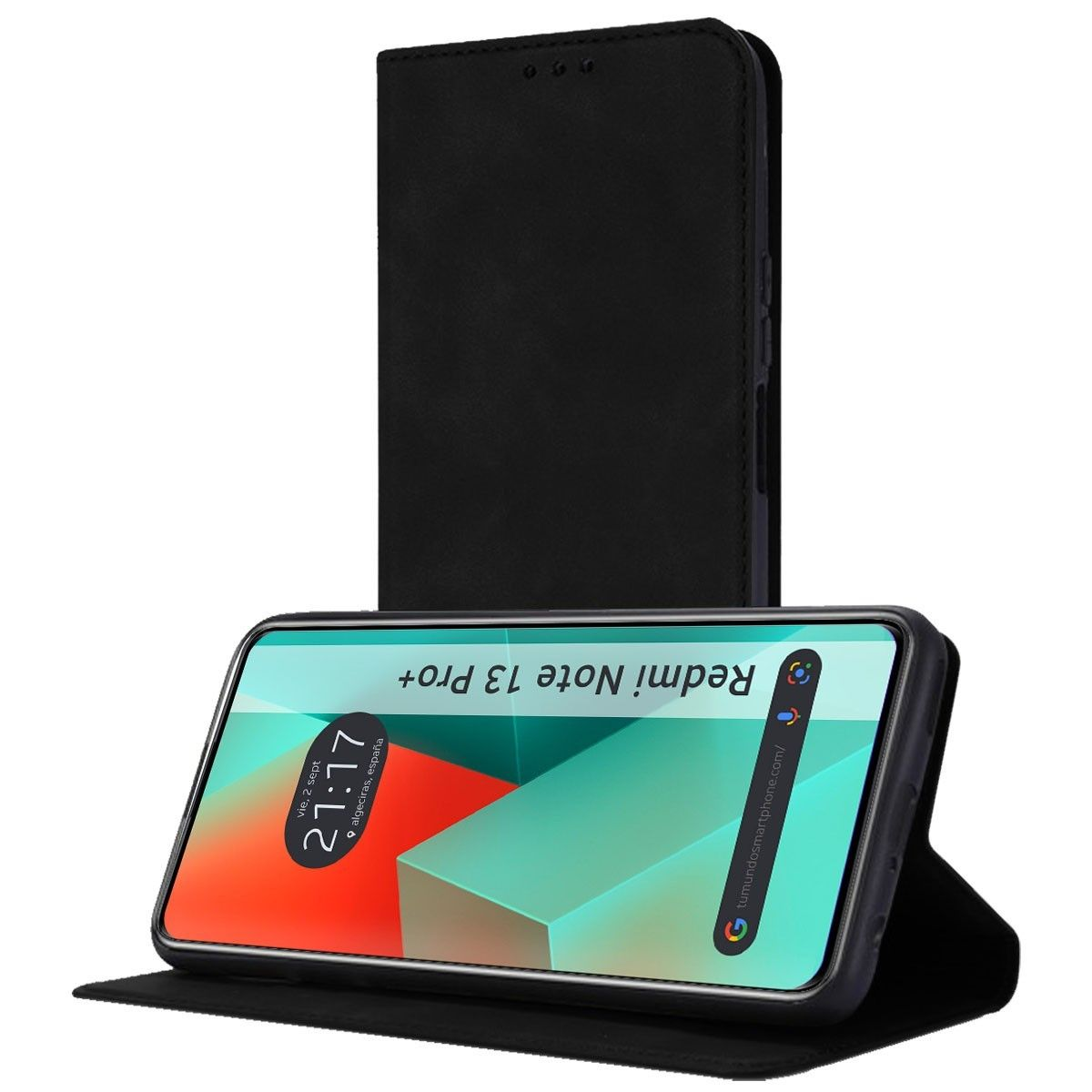 Uno smartphone in una custodia nera, che mostra uno schermo digitale con ora e posizione.