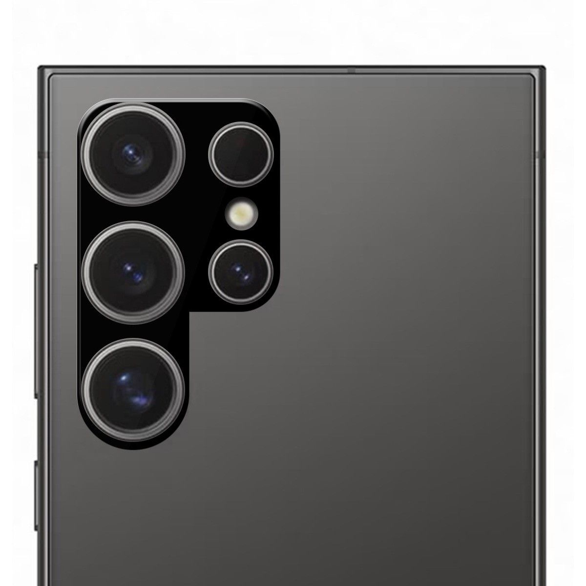 Primer plano del módulo de cámara de un teléfono con múltiples lentes. El módulo es gris oscuro, con lentes negras.