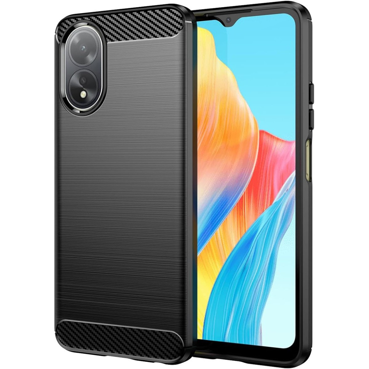 Funda negra con patrón texturizado y dos cámaras, junto a la pantalla del teléfono.