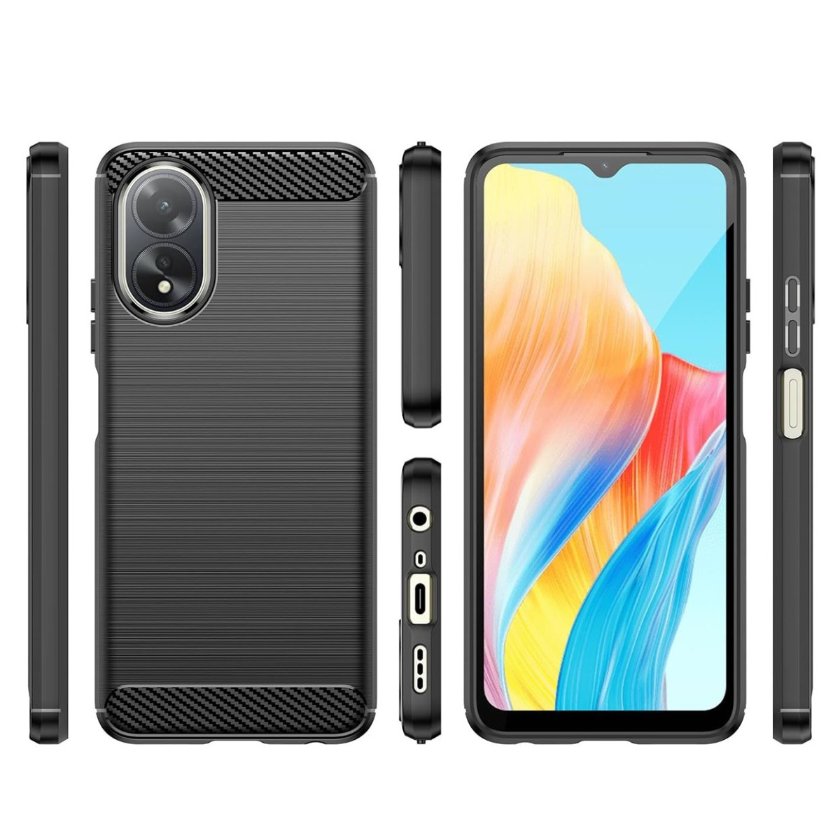 Funda negra con textura de fibra de carbono y un recorte para la cámara.