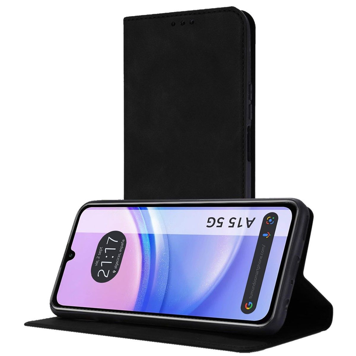 Custodia e telefono con schermo che mostra ora e luogo. È un modello A15 5G.