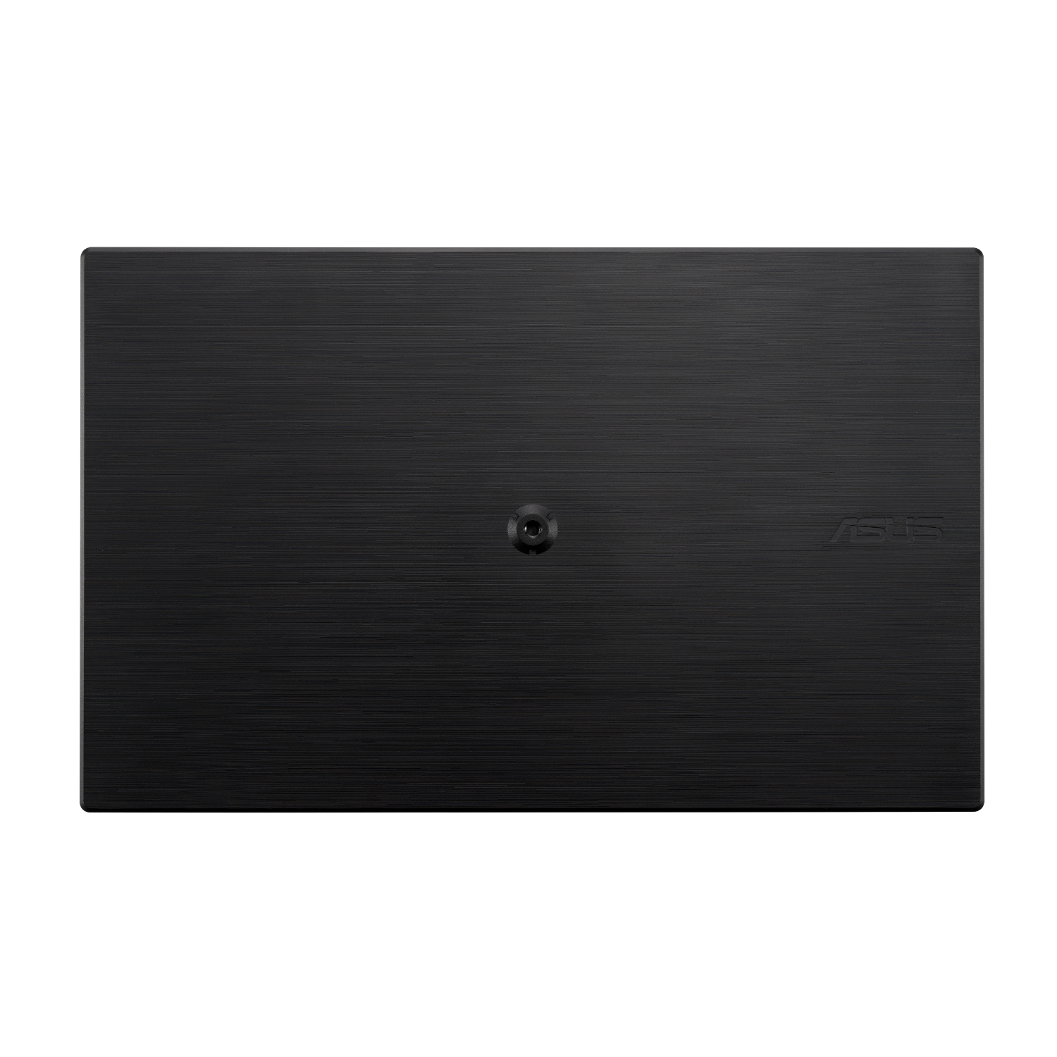 Czarna pokrywa laptopa z kamerą i logo ASUS. Powierzchnia ma fakturę szczotkowanego metalu.