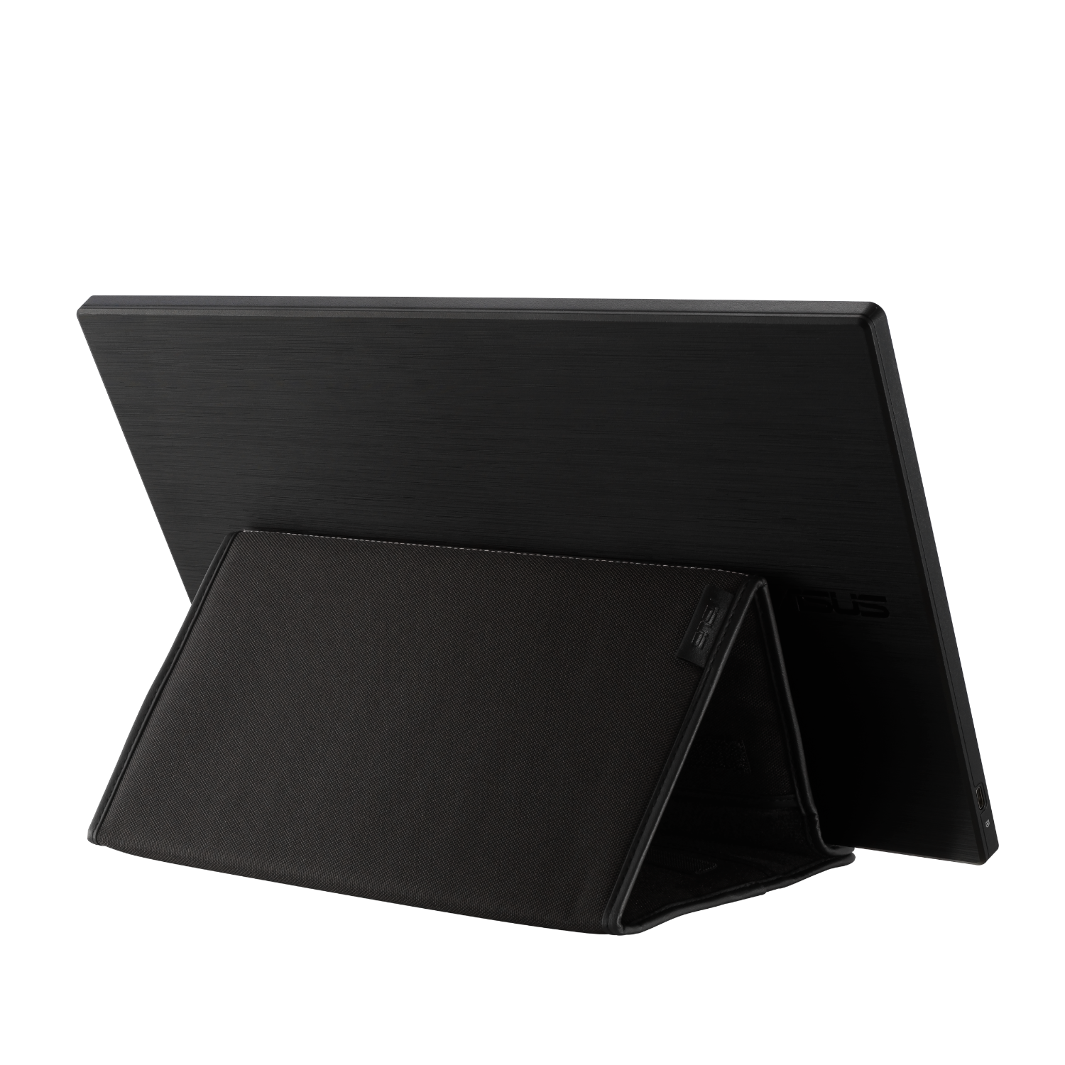 Czarny przenośny monitor z czarną obudową pełniącą funkcję podstawki, na czarnym tle.