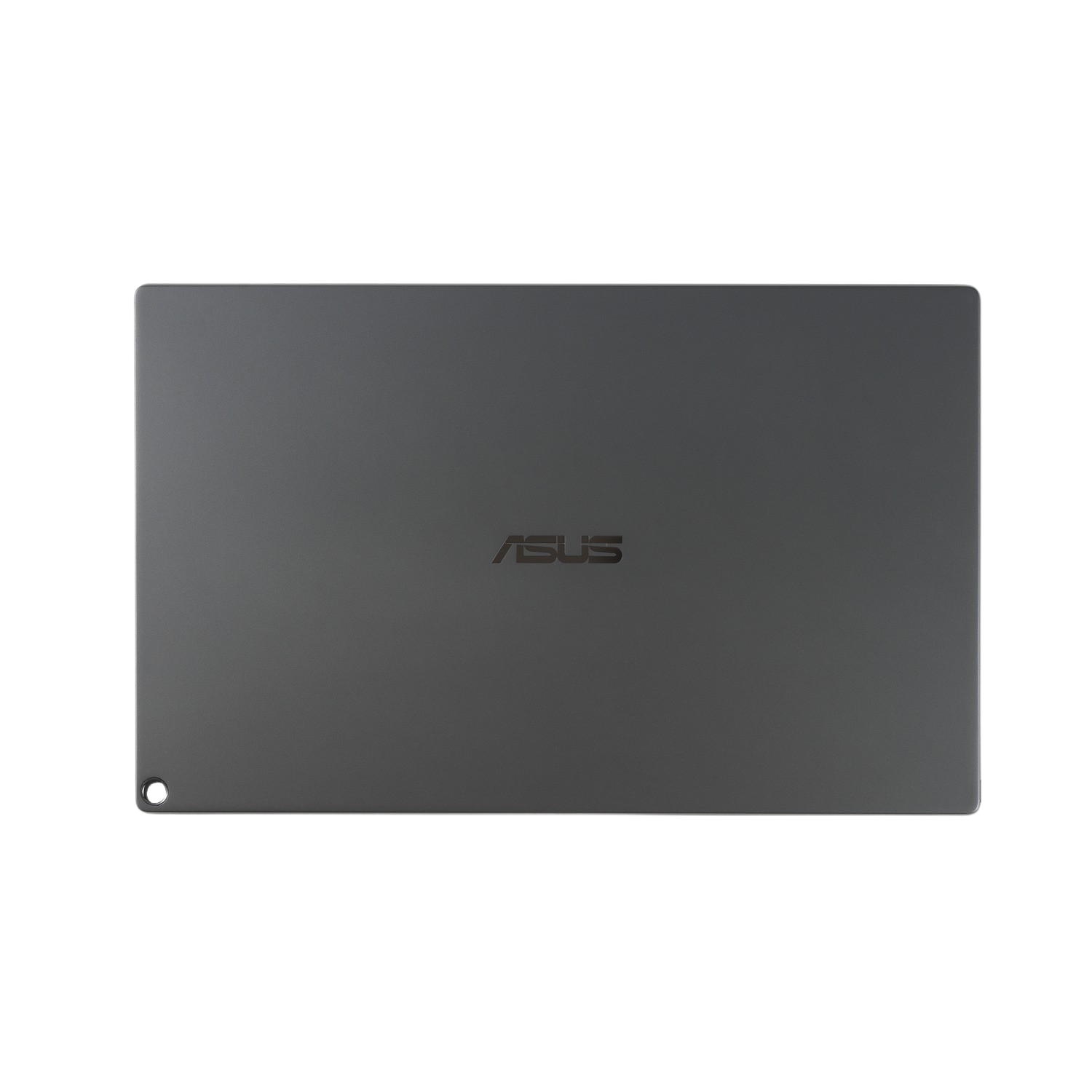 Ciemnoszary laptop ASUS z logo ASUS na pokrywie. Zamknięty, na czarnym tle.