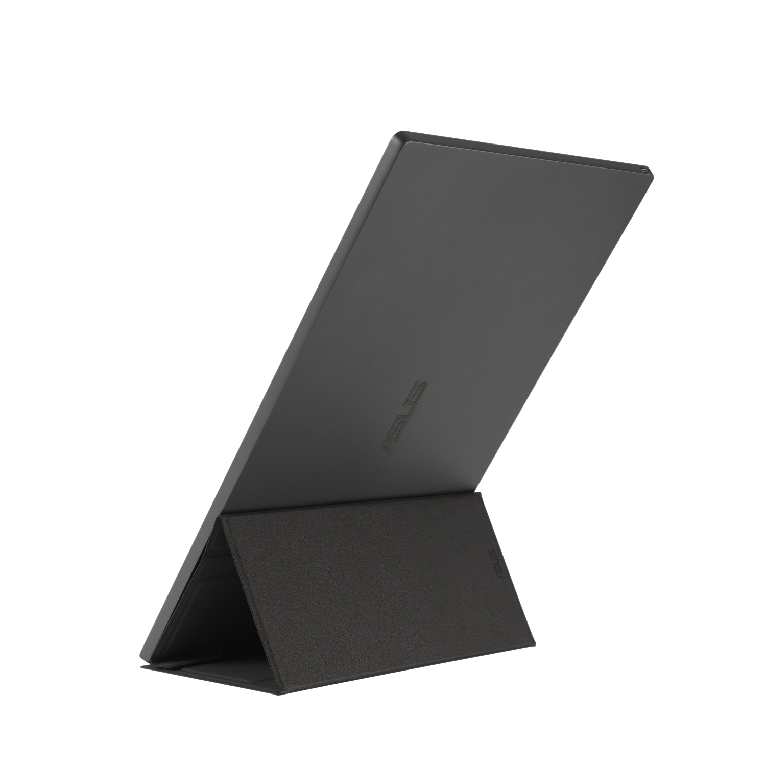 Czarny laptop, otwarty pod kątem. Ekran jest lekko pochylony w górę, pokazując logo ASUS.