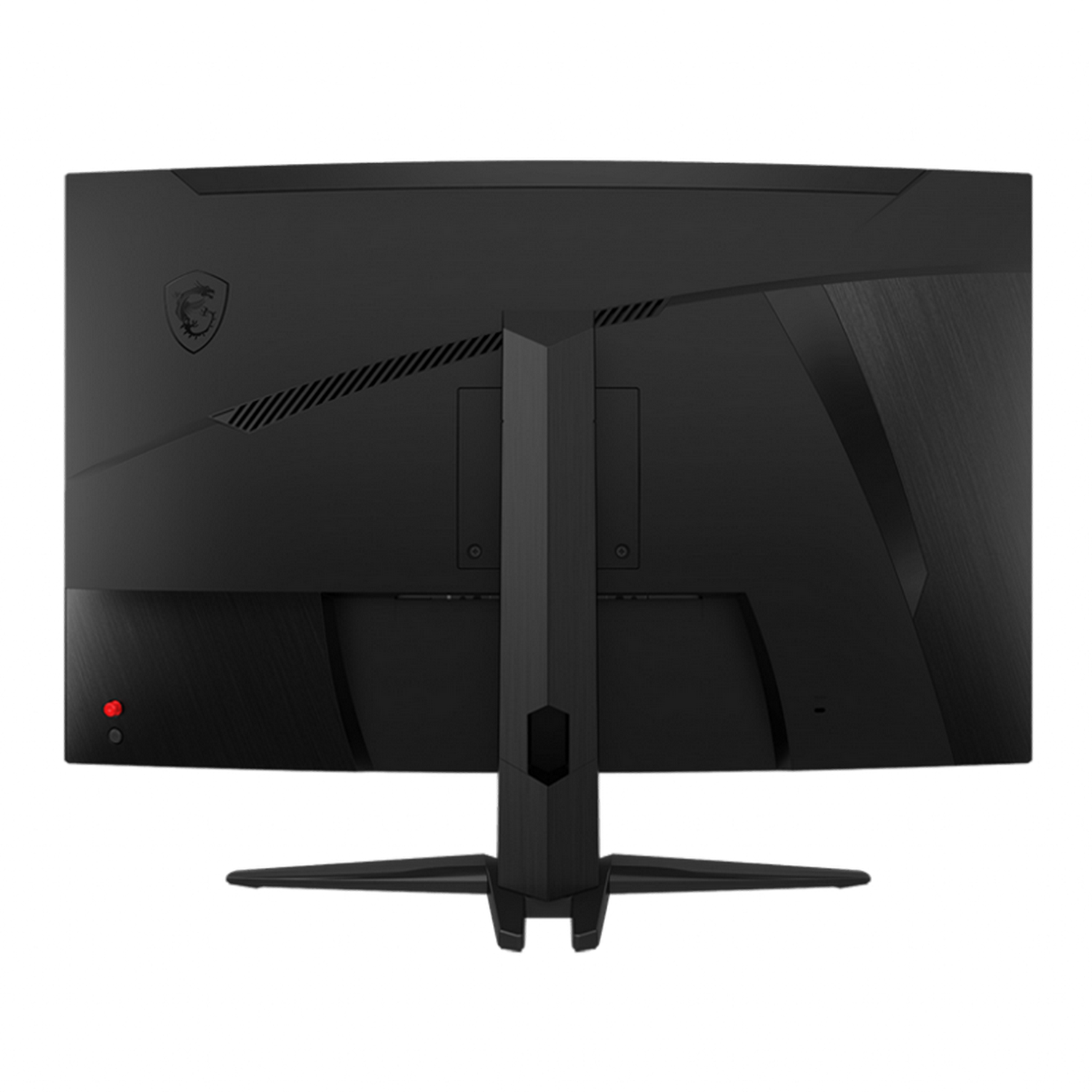 Retro di un monitor nero. Una luce rossa di alimentazione è visibile. Il supporto è visibile.