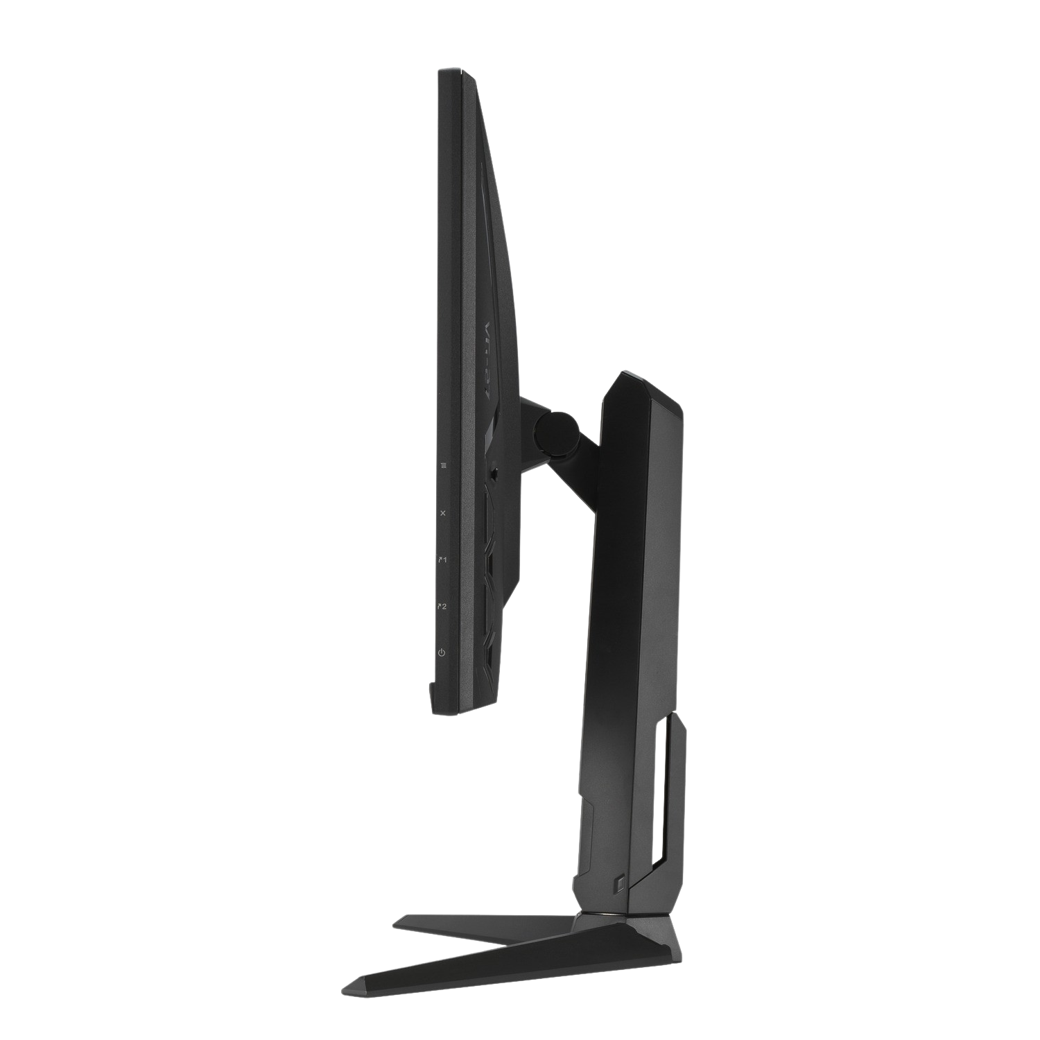 Vista laterale di un monitor nero su supporto, sfondo nero.