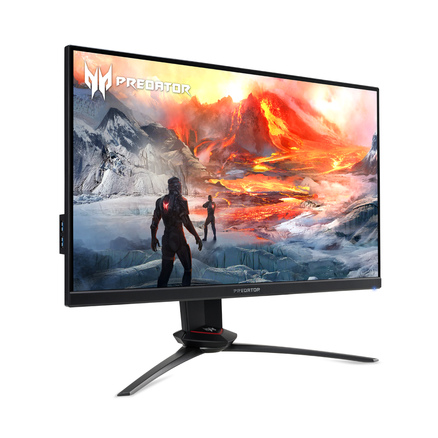 Un monitor nero mostra una scena di gioco, con due figure sullo sfondo e una montagna.
